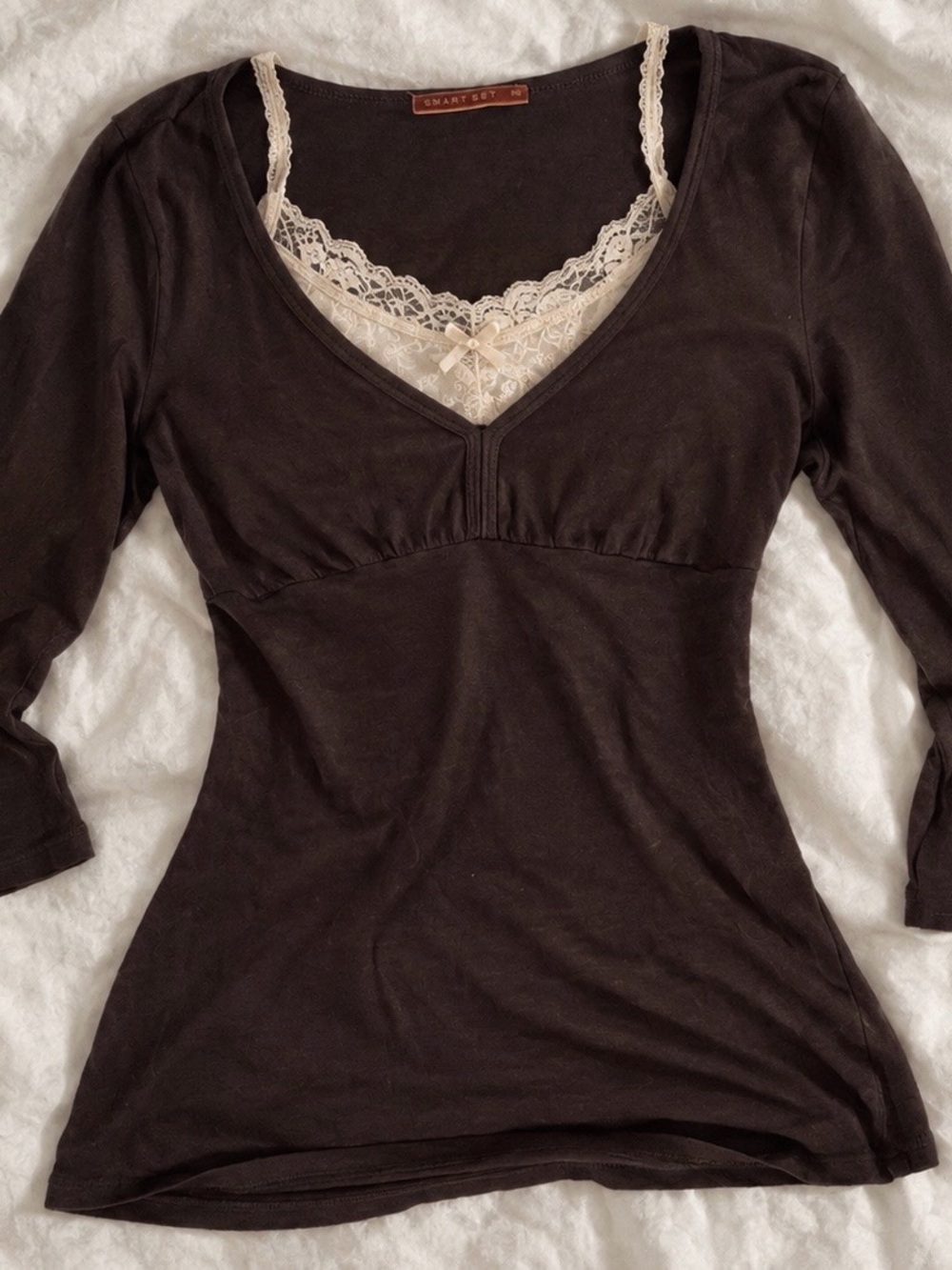 Vintage Y2K Smart Set Brown 3/4 Sleeve V-Neck Top